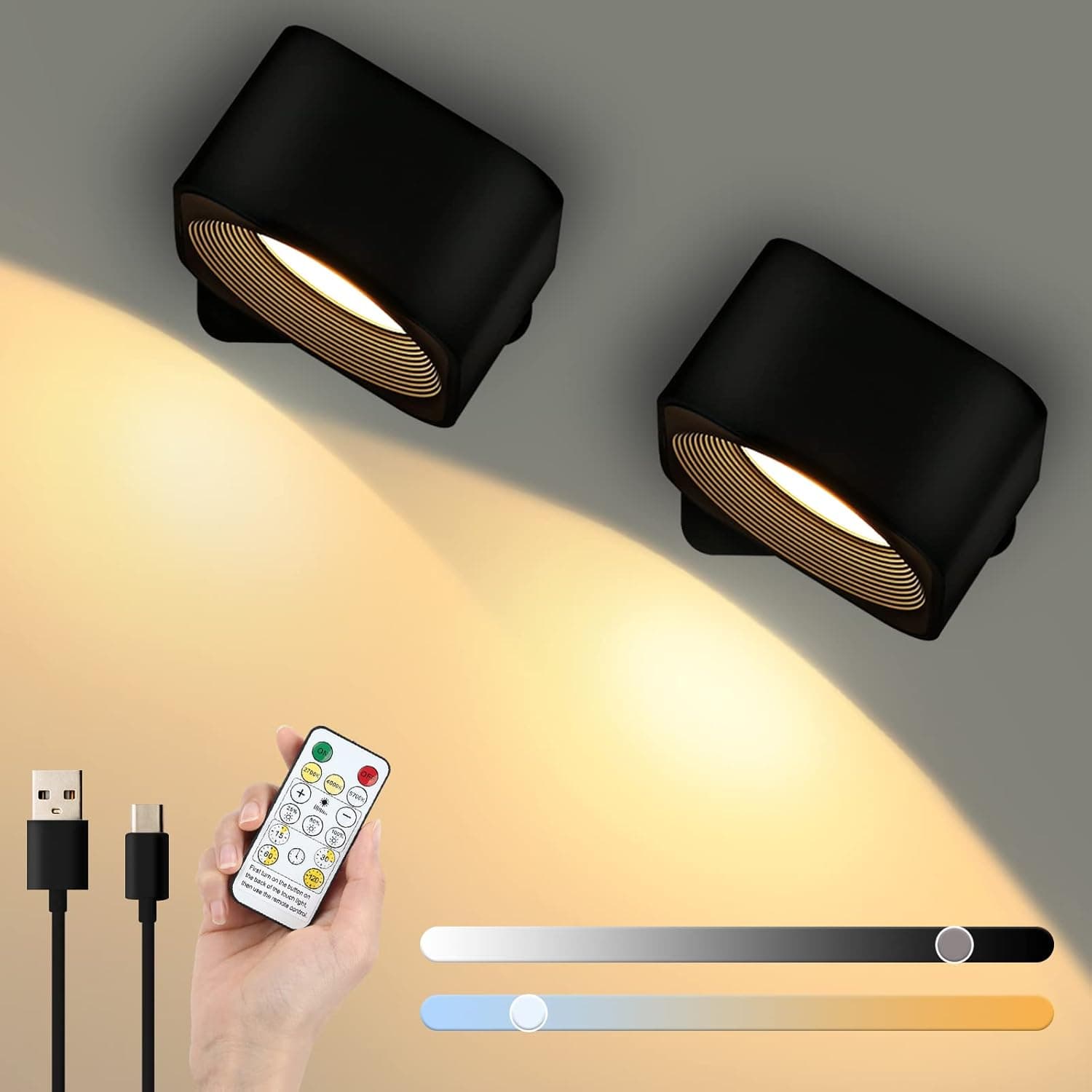Lightess LED Wall Sconces Battery Operated with Remote and Touch Control Switch, Dimmable Black Wall Light Rechargeable, Cordless Wall Mounted Reading Lights, Pack of 2, LG9942242