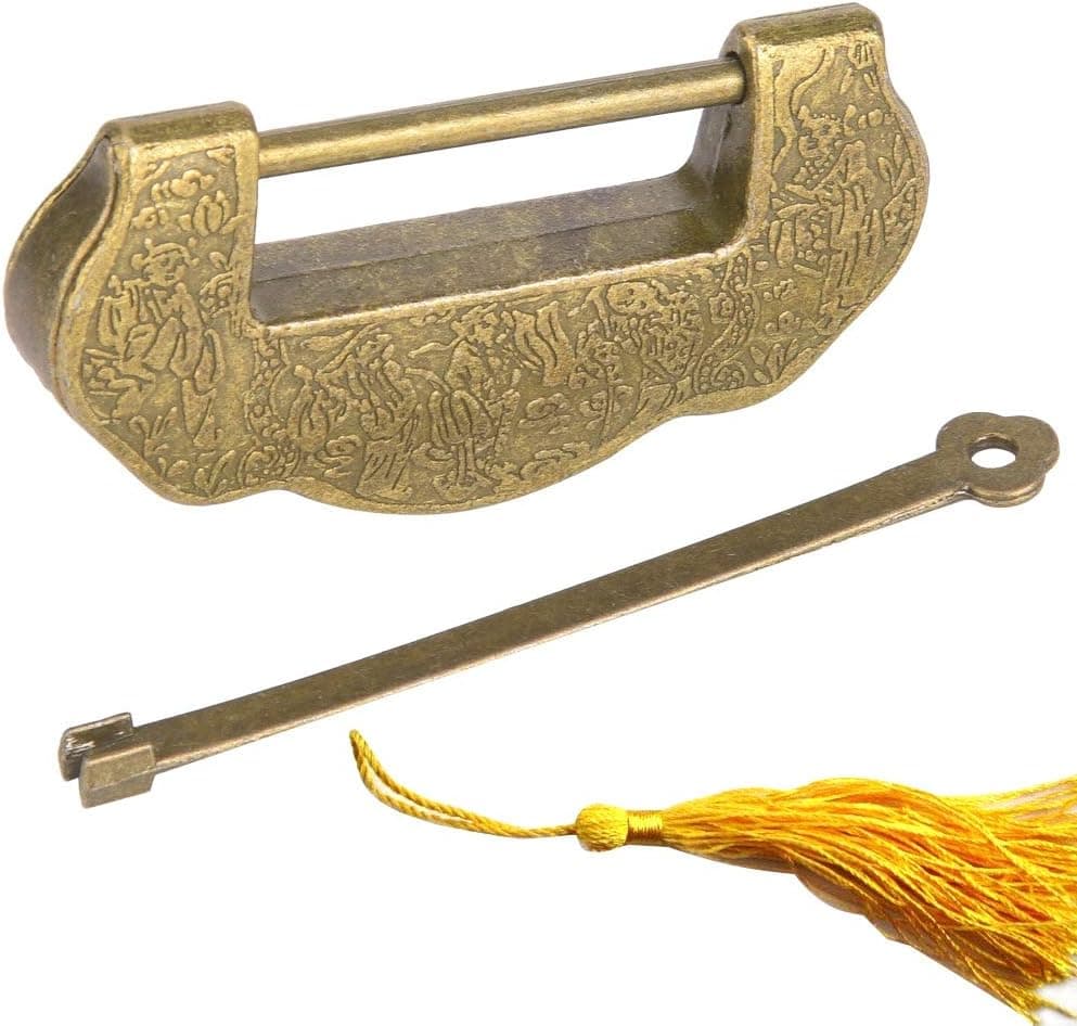 Chinese Carved Vintage Lock, Antique Padlock Zinc Alloy Antique Lock Retro Style Door Cabinet Lock Vintage Padlock Decorative Lock with Tassel Key(Bronze)