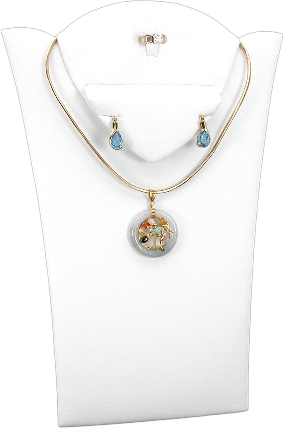 FindingKing White Leather Ring Necklace Earring Combo Bust Display