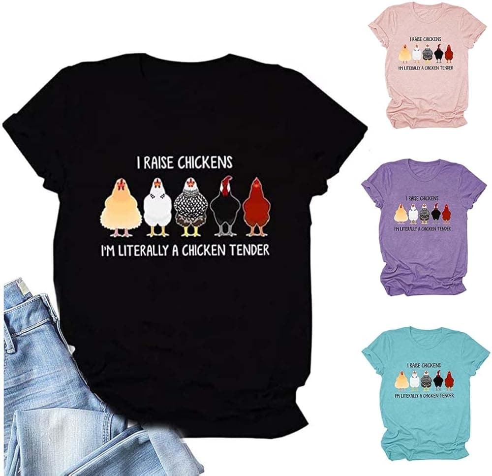 AKWFUNZ I Raise Chickens Women's Summer T-Shirt Funny English Sentence and Pattern Printed Short Sleeve Tops