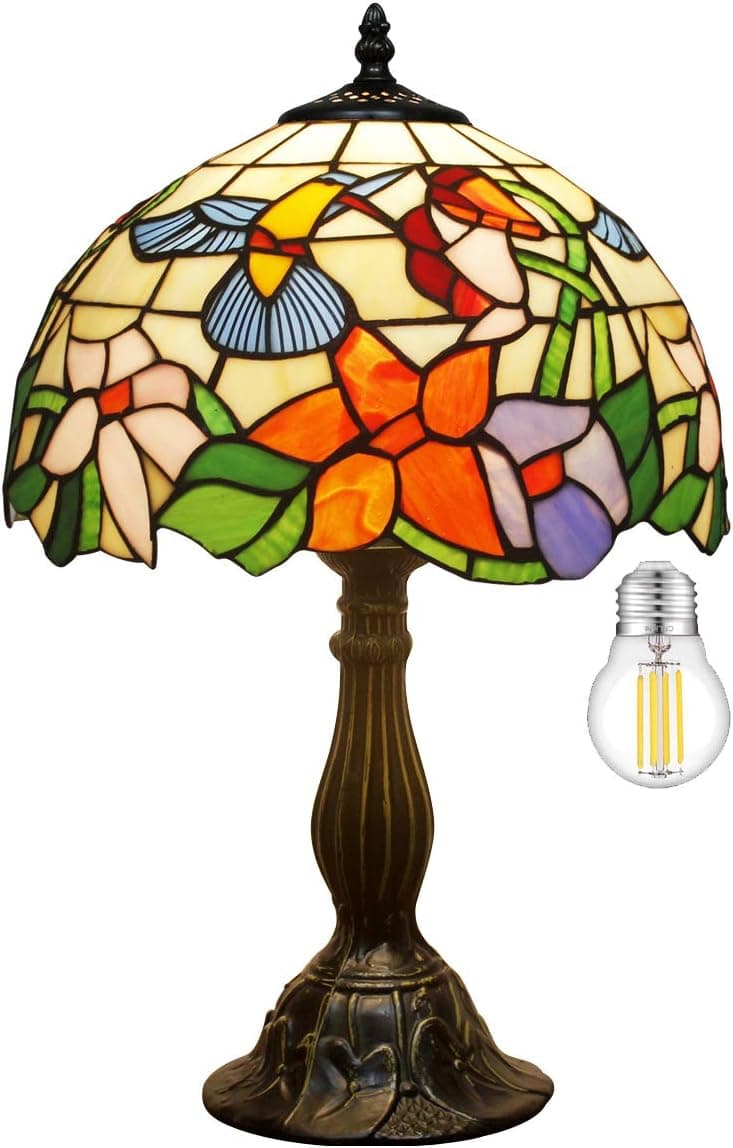 WERFACTORY Tiffany Lamp Stained Glass Lamp Hummingbird Style Bedside Table Lamp Desk Reading Light 12X12X18 Inches Decor Bedroom Living Room Home Office S101 Series