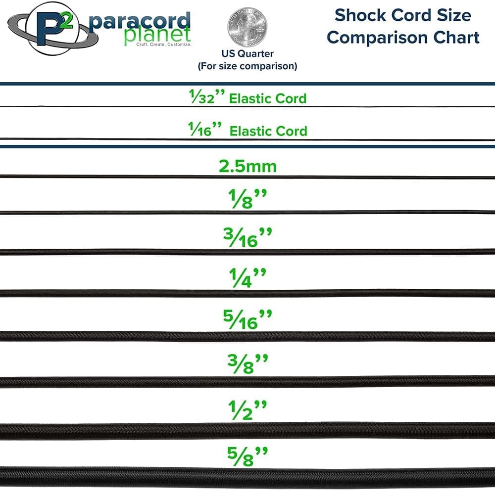 Paracord Planet Elastic Bungee Nylon Shock Cord 2.5mm 1/32", 1/16", 3/16", 5/16", 1/8”, 3/8", 5/8", 1/4", 1/2 inch Crafting Stretch String 10 25 50 & 100 Foot Lengths Made in USA