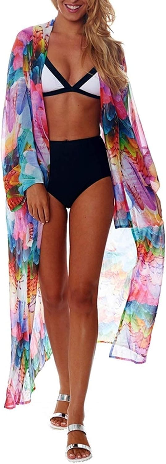 Swimsuit Coverup Kimonos for Women Bird Geometry Print 3/4 Sleeve Kimono Robe Loose Open Front Kimono Duster