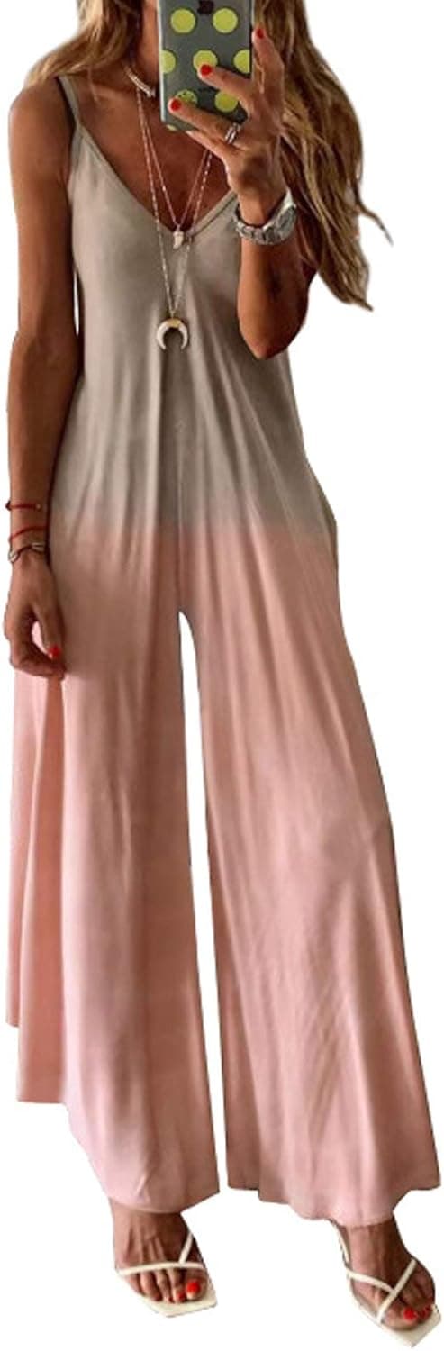 Dokotoo Women's Loose Plus Size Jumpsuits for Women Adjustable Spaghetti Strap Stretchy Dyed Gradient Wide Leg Solid One Piece Sleeveless Long Pant Romper Jumpsuit Pink Large