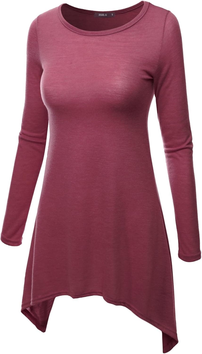 Doublju Crewneck Cotton Knit Asymmetrical Tunic Top DARKPINK 3CL