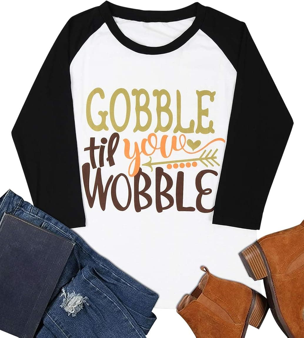 Gobble Til You Wobble Thanksgiving Baseball T-Shirt Womens Cute Heart Arrow Print 3/4 Sleeve Splicing Tops Tees Size XXL (White)