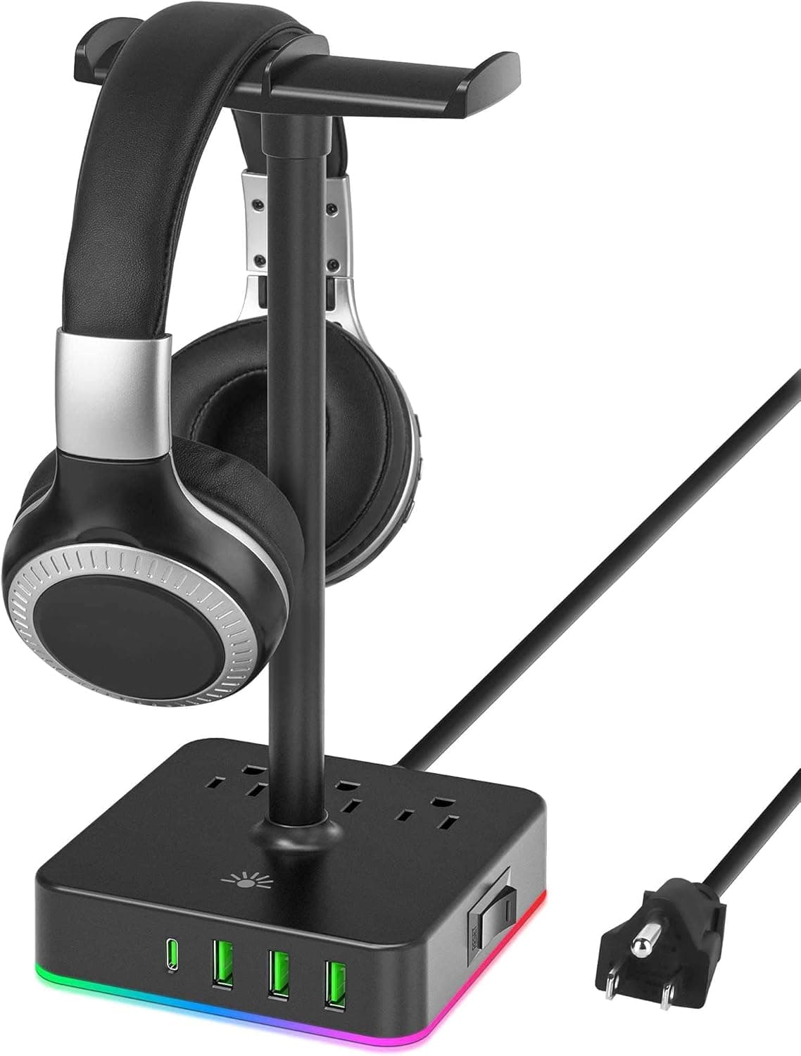 Rhinenet RGB Headphone Stand Dual Headset Holder Hanger with PD Fast Charging + 3 USB Charger Hub Port for Desktop Desk Gamers Accessories Boyfriend Gifts Anti-Slip Base Earphone Rack Station Dock