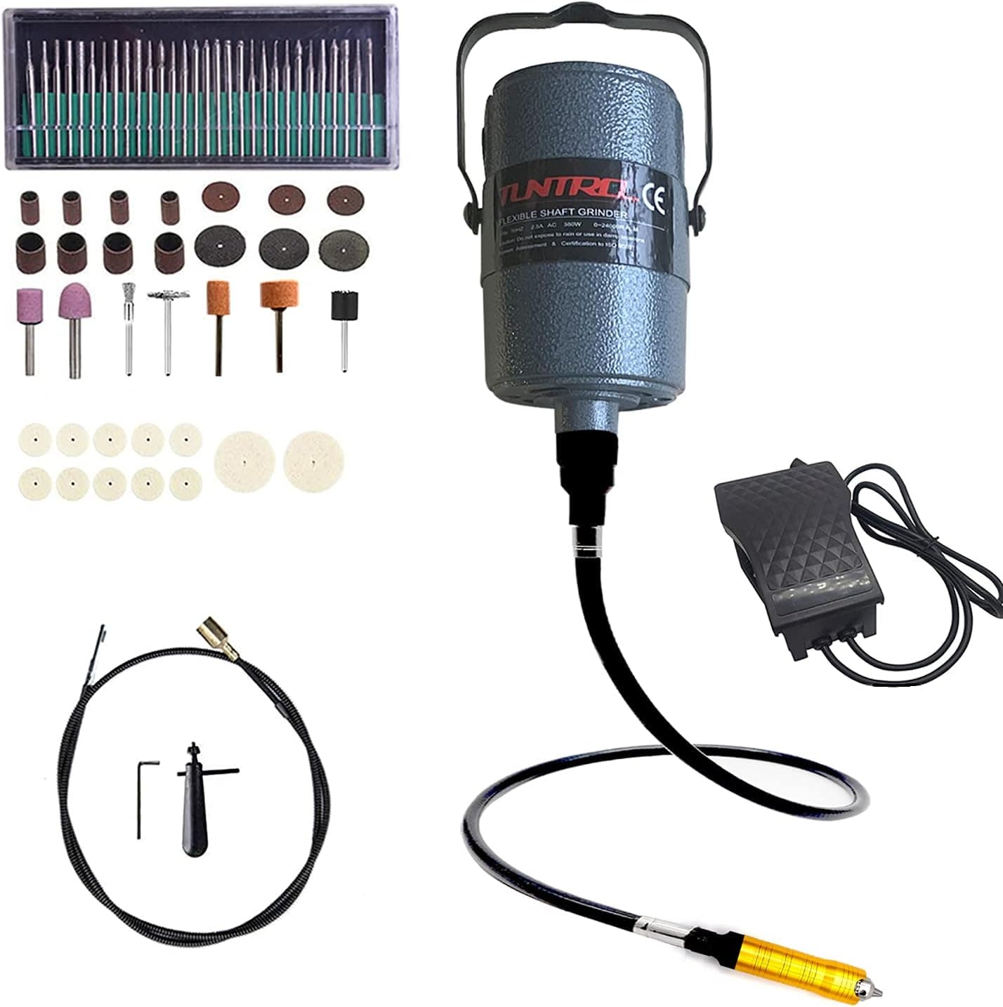 TUNTROL 380W Flex Shaft Power Rotary Tool with 1/4" Chuck & Stepless Foot Pedal Control, Hanging Carving Grinder, Multi-function Metalworking Repair Kit