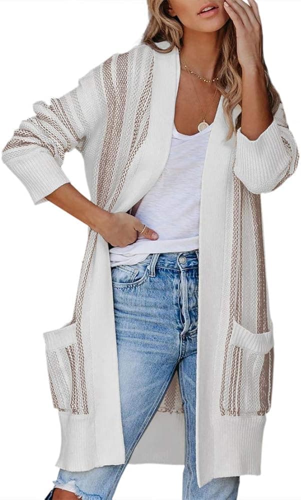 Foshow Womens Striped Open Front Cardigans Oversized Long Sleeve Sweater Casual Loose Color Block Outwear with Pockets Khaki