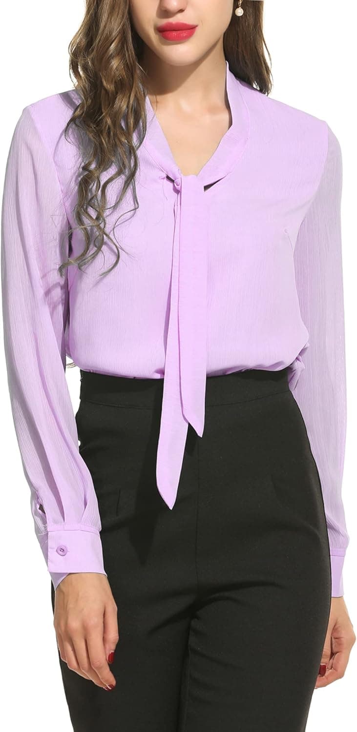 ACEVOG Chiffon Blouses for Women Dressy Bow Tie Neck Long Sleeve Work Shirt Formal Casual Wear