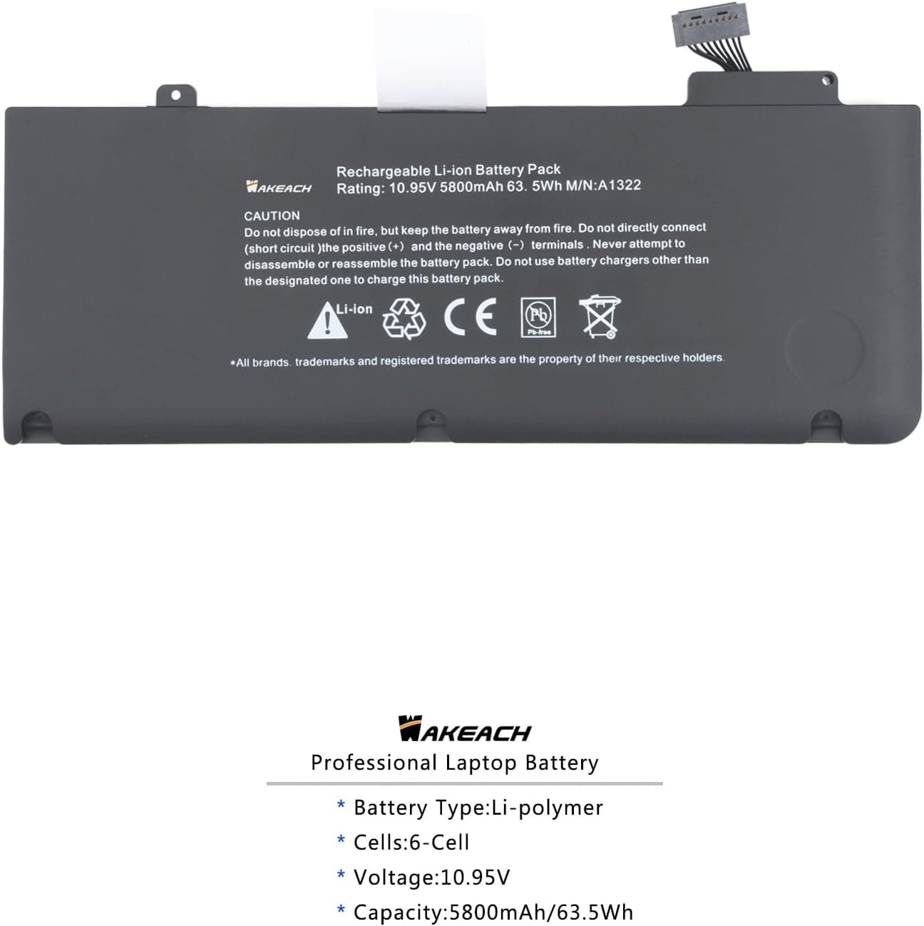 Wakeach New Laptop Battery for Apple A1278 A1322 (2009 2010 2011 Version) Macbook Pro 13-inch fit MB990LL/A MC724LL/A High Capacity -12 Months Warranty [Li-Polymer 6-Cell 5800mAh/63.5Wh]