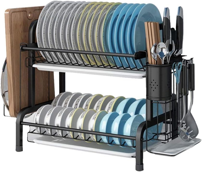 Yimeezuyu Dish Drying Rack 2 Tier Stainless Steel Dish Rack with Utensil Holder,Cutting Board Holder,Dish Drainer for Kitchen Counter Top,Black