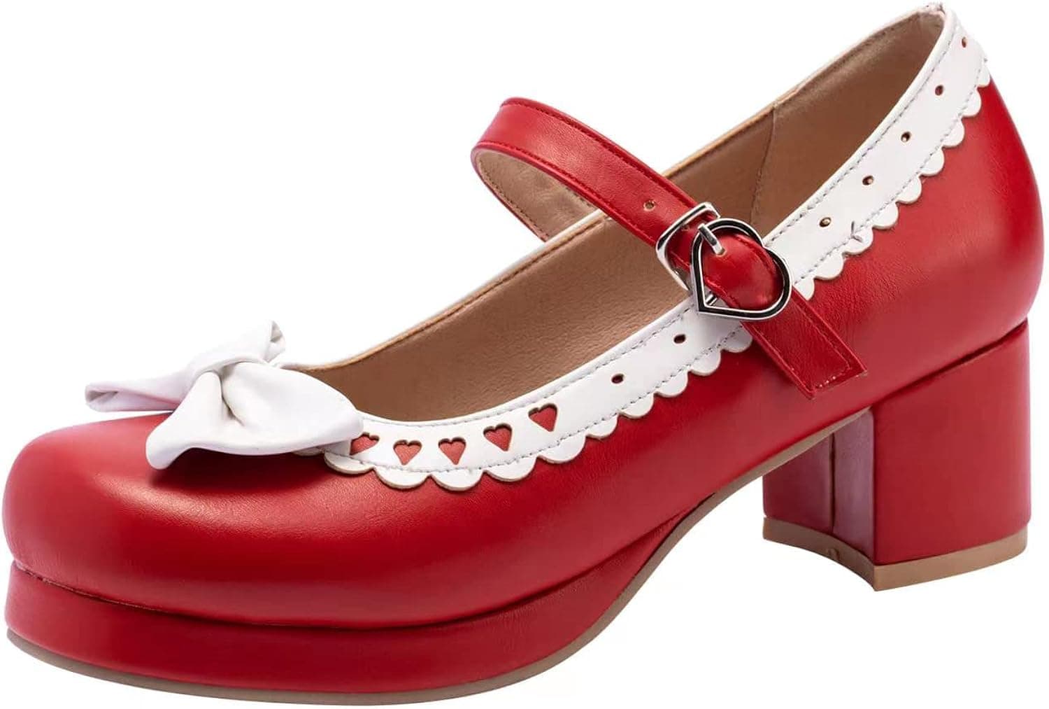 ForeMode Fashion Women T-Strap High Heels Bow Platform Round Toe Pumps Leather Summer Lolita Sweet Shoes(Red3,8)