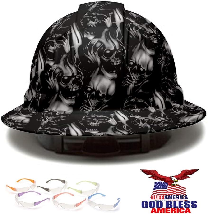 Full Brim Hard Hat, Hear See And Speak No Evil Skull Tattoo Design Safety Helmet 6pt + 6 Pairs Safety Glasses + American Flag Decal, by AcerPal