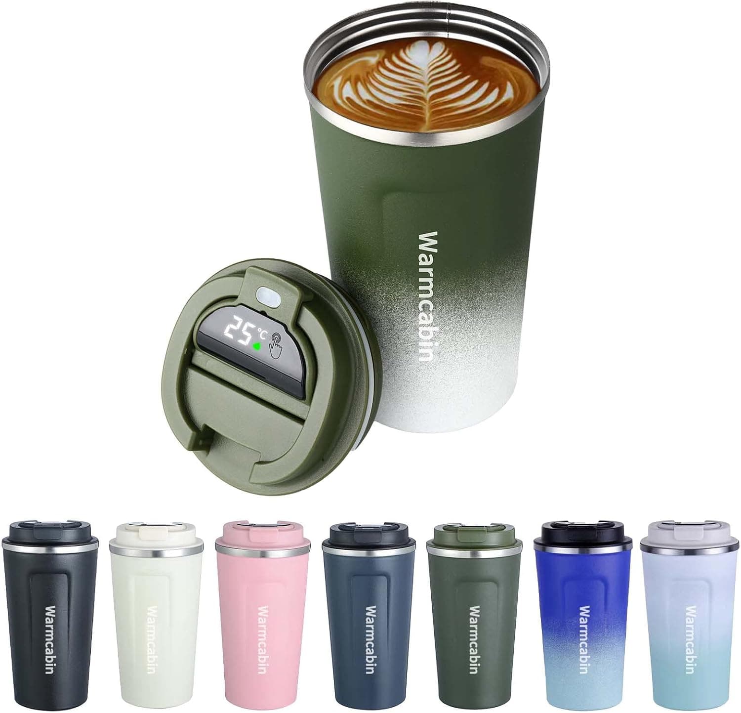 warmcabin Smart Travel Coffee Mug Spill Proof 17oz Insulated Coffee Mug, Reusable Coffee Cups with Seal Lid, Digital temperature display,Novelty Coffee Cup for Hot/Ice Coffee(Gradient green)