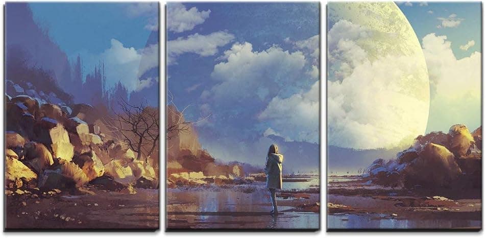 wall26 - 3 Piece Canvas Wall Art - Scenery of Lonely Woman Looking at Another Earth,Illustration Painting - Modern Home Art Stretched and Framed Ready to Hang - 16"x24"x3 Panels