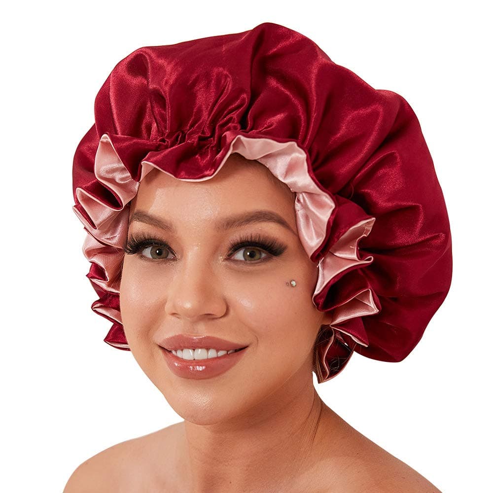 Silk Bonnet for Black Women, Satin Bonnet for Natural Hair Bonnets for Curly Hair Cap, Silk Hair Wrap for Sleeping Large Satin Hair Bonnet for Long Hair(Wine Red)