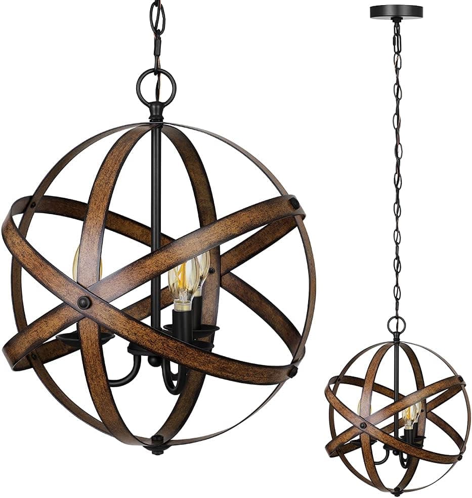 DEWENWILS Farmhouse Pendant Light, Vintage Ceiling Light Fixture 3 Light, Industrial Metal Globe, Wood Grain Paint, with Adjustable 5FT Cord, for Kitchen Island, Living Room, Entryway, Stairway