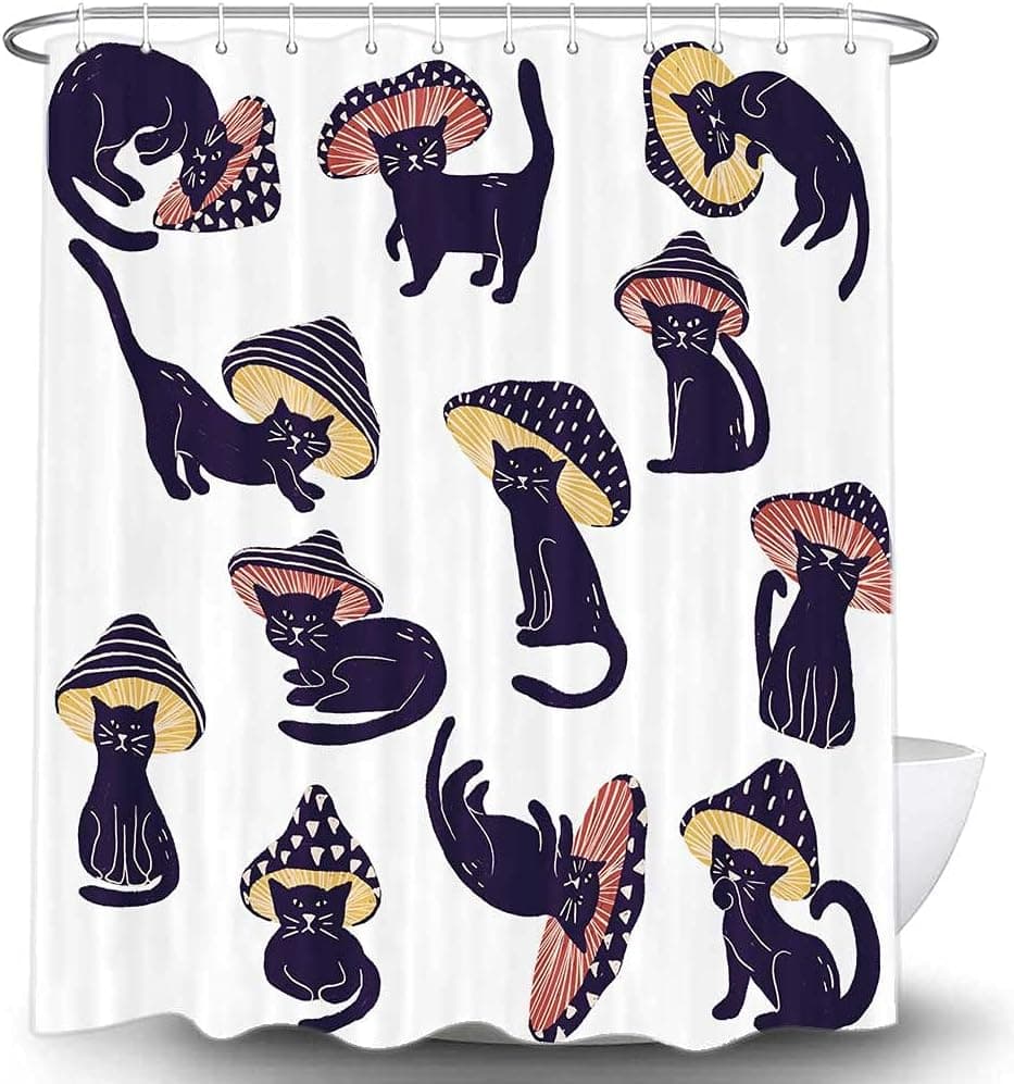 MERCHR Funny Mushroom Cat Shower Curtain for Bathroom, Unique Fun Hilarious Art Fabric Shower Curtains Set, Cute 70s 80s Aesthetic Kids White Restroom Decor Accessories with Hooks 72X72 Inch