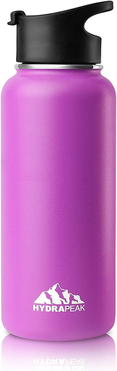Hydrapeak 32oz (1L) Stainless Steel Vacuum Insulated Water Bottle, BPA Free Leak Proof Wide Mouth, Double Walled Flask with Flip Handle Lid (32oz - Flip Lid, Raspberry)