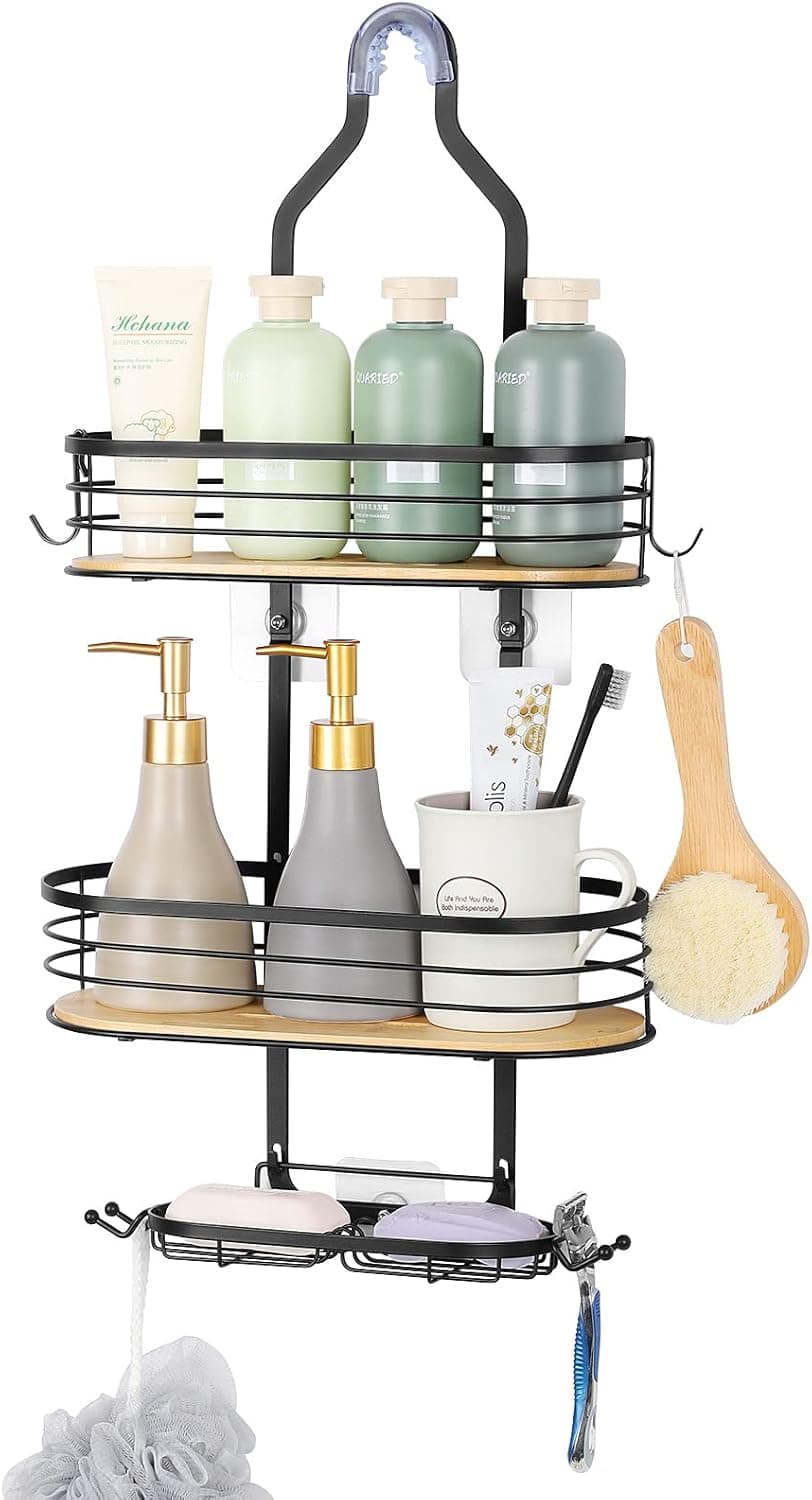 Hanging Shower Caddy, Stainless Steel Bathroom Hanging Shower Organizer Rack Basket, Rustproof Bamboo Basket with Hooks for Towels, Soap, Shampoo, shower accessories, Black