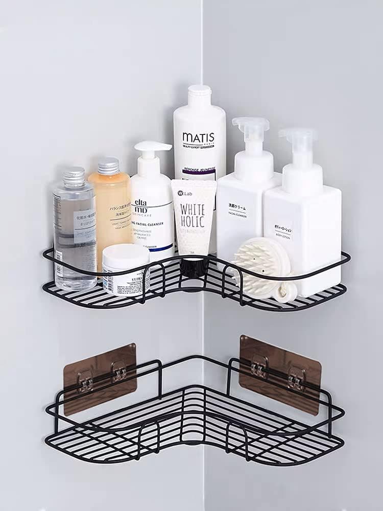 Corner Shower Caddy 2-Pack, Bathroom Shelf with 4 Pack Powerful Adhesive Hooks, 2-in-1 Organizer Storage for Toilet, Kitchen, and Dorm.