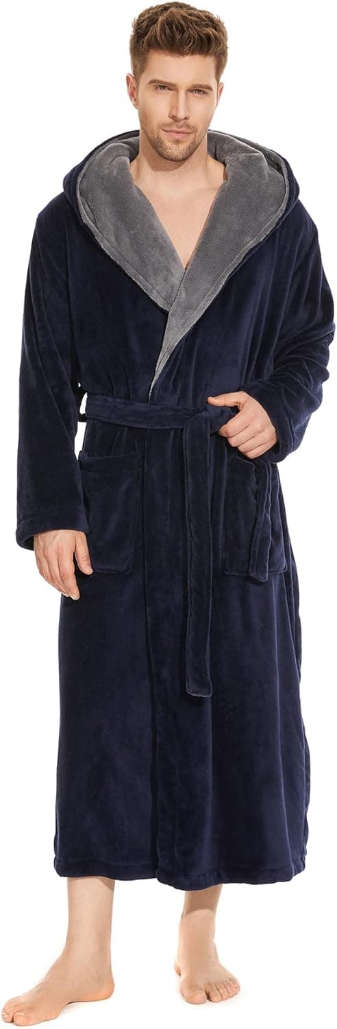 GINVVA Men’s Hooded Fleece Long Robe, Plush Warm Big and Tall Full Length Bathrobe for Men