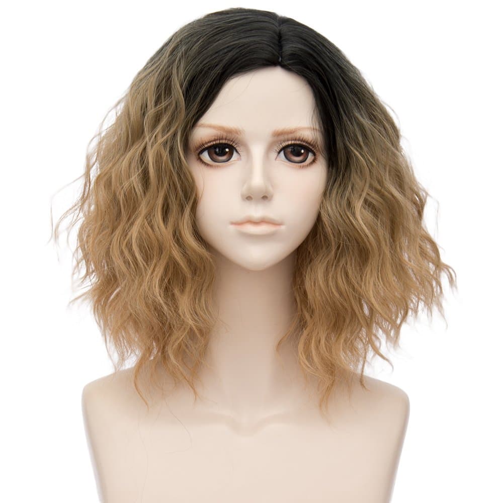 Alacos 35cm Fashion Black Dark Roots Ombre Short Curly Bob Christmas Daily Costumes Wig for Women +Wig Cap (Golden Brown)