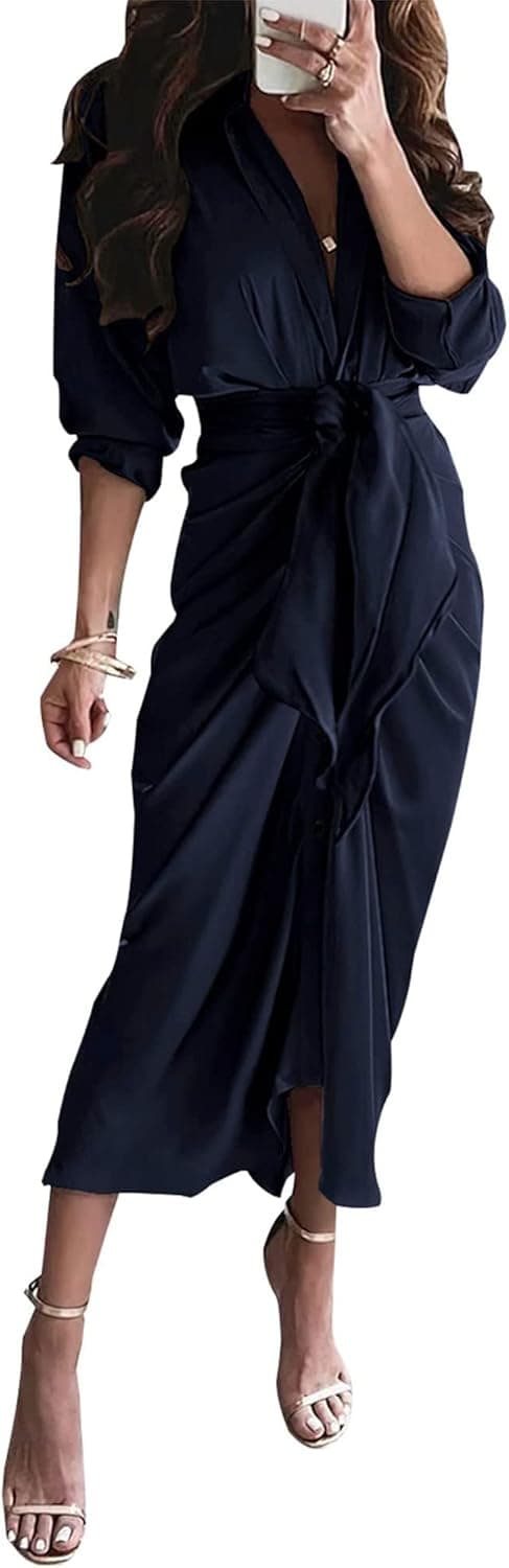 BTFBM Women 2023 Long Sleeve Lapel V Neck Button Down Satin Dress Belted Elegant Ruched Spring Summer Maxi Shirt Dresses
