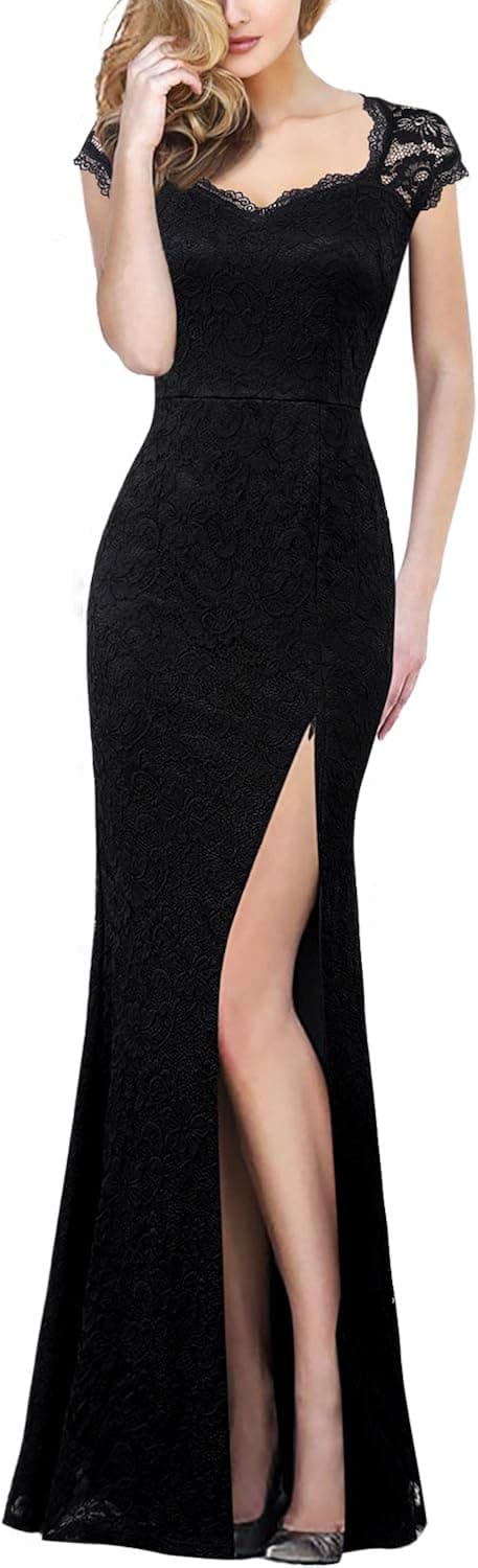 VFSHOW Womens Floral Lace Sweetheart Neck Open Back Zipper High Split Formal Evening Gown Wedding Prom Maxi Long Dress