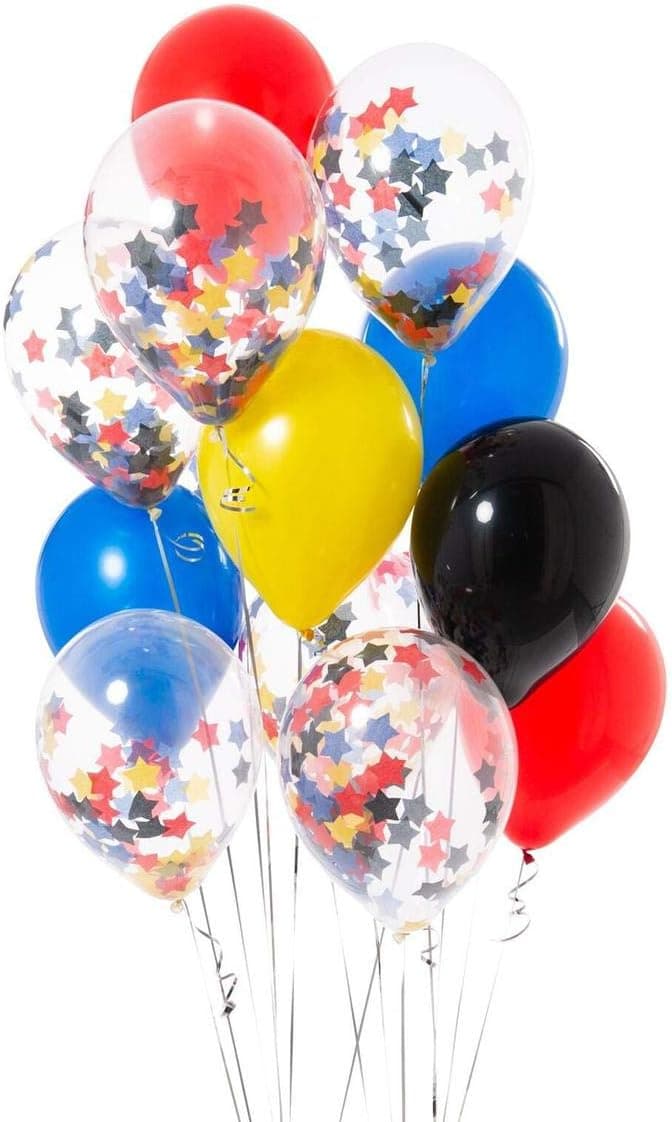 50 Pack Red Blue Black Yellow Superhero Theme Party Decor Perfect for Avengers Captain America Party Prop,12inch Star Confetti Latex Superhero Balloons for Kids Birthday Party Favor Supplies Decoration