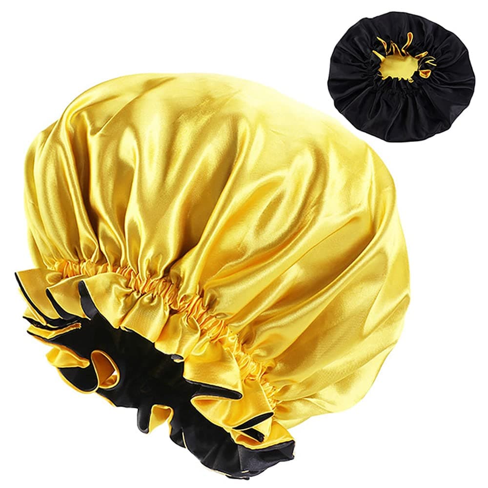 Nonbongoy Satin Sleep Cap Large Double Side Sleep Bonnet Reversible Silk Hair Bonnet Nightcap for Sleeping Yellow