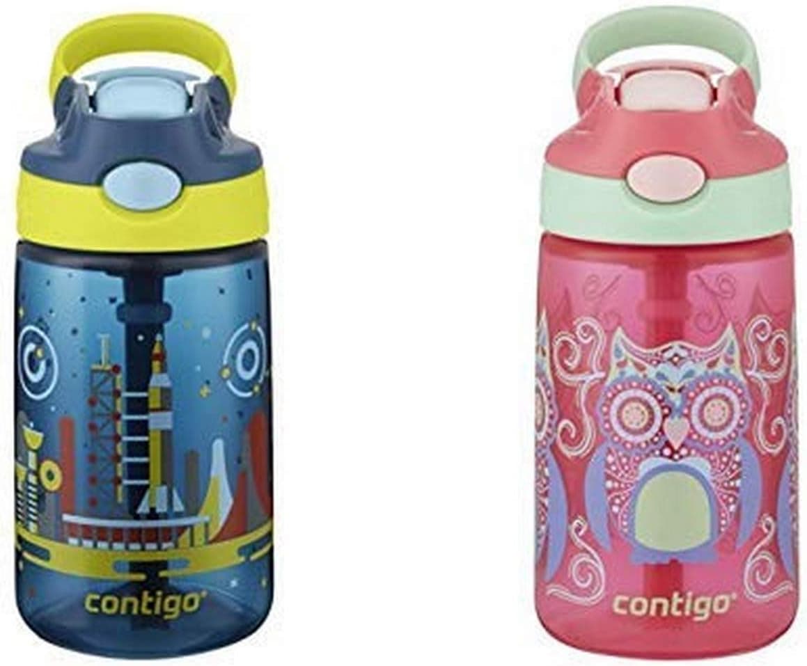 Contigo AUTOSPOUT Straw Gizmo Flip Kids Water Bottle, 14 oz, Nautical with Space Station AND Contigo AUTOSPOUT Straw Gizmo Flip Kids Water Bottle, 14 oz, Sprinkles with Owl Parliament (2004943)