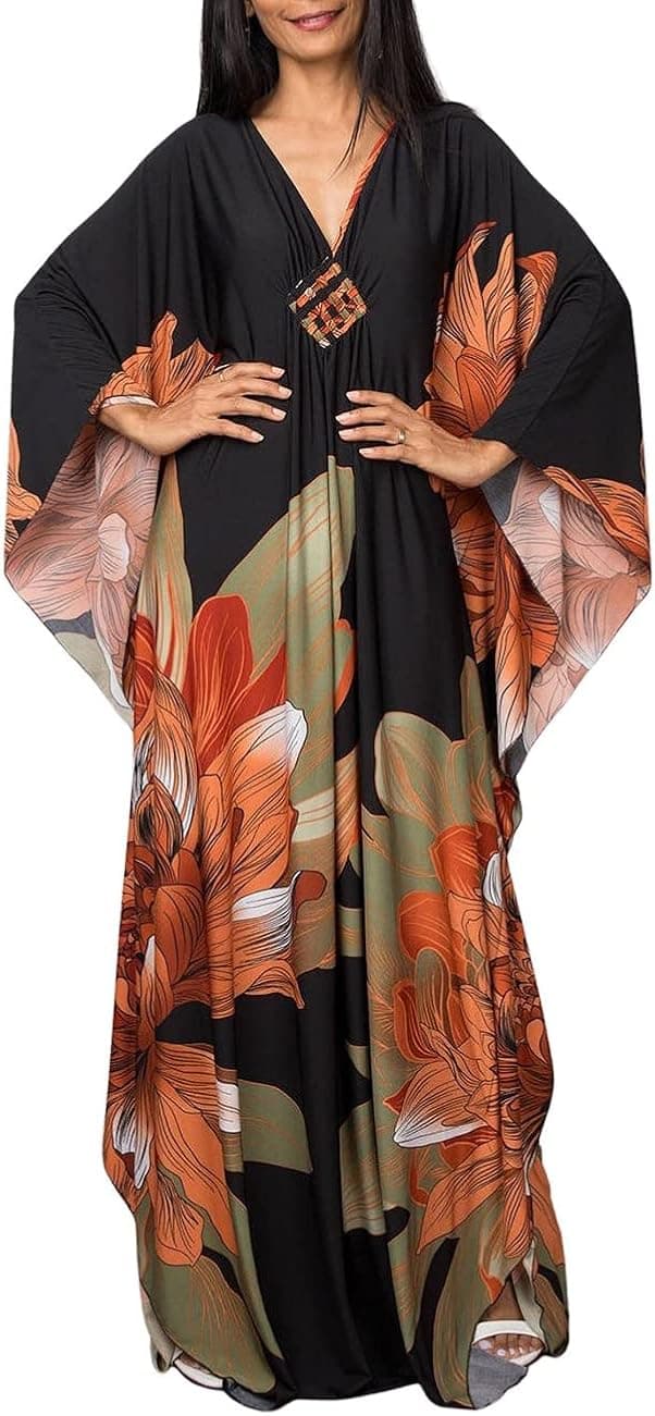 Bsubseach Women Ethnic Print Kaftan Beach Dress Plus Size Swimsuit Cover Up