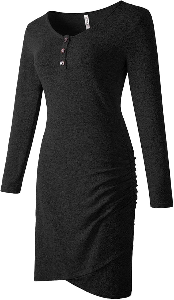 YOBATO Long Sleeve Ruched Bodycon Dresses for Women V Neck Button Up Irregular Hem Tight Dresses, C-Black L