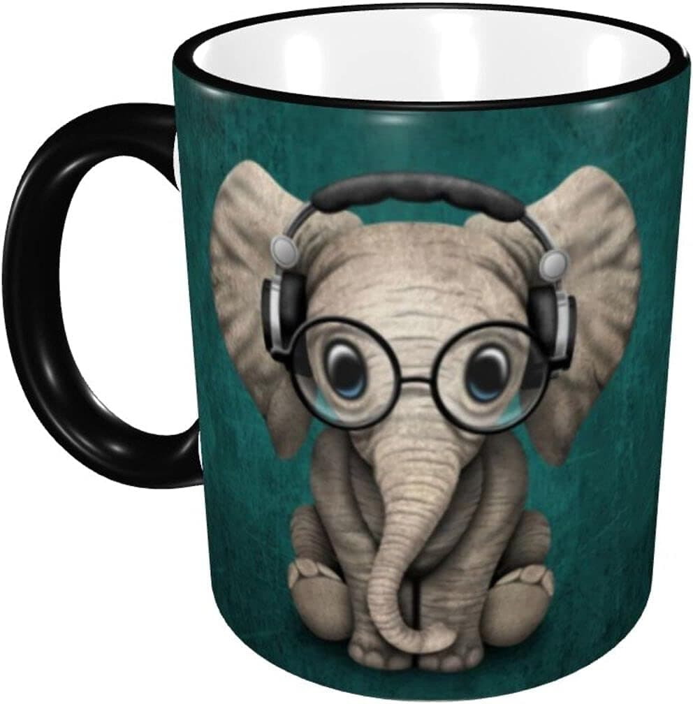 Cute Wearing Glasses Elephant Coffee Mug 11 oz Ceramic Tea Cup for Cocoa Cappuccino Latte with Large Handle Microwave Safe Gift