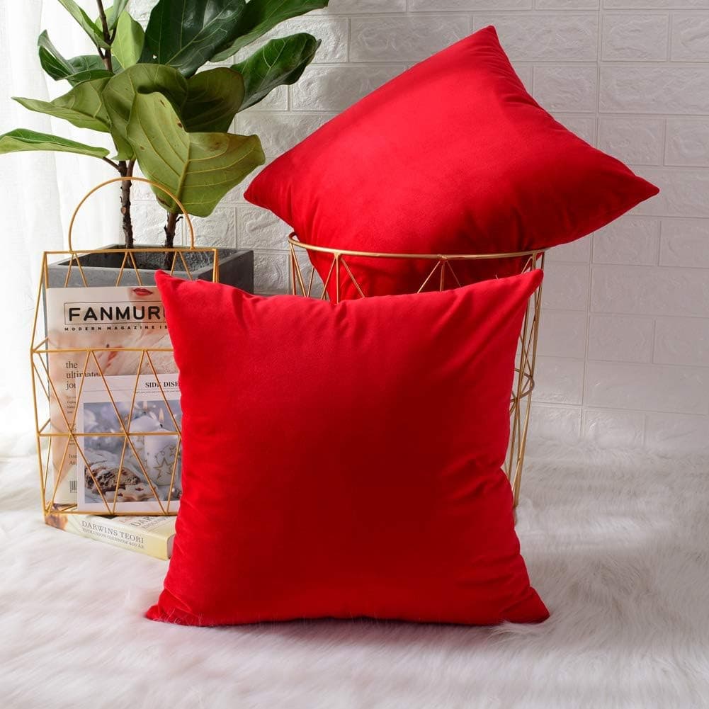 MERNETTE New Year/Christmas Decorations Velvet Soft Decorative Square Throw Pillow Cover Cushion Covers Pillowcase, Home Decor for Party/Xmas 16x16 Inch/40x40 cm, Red, Set of 2