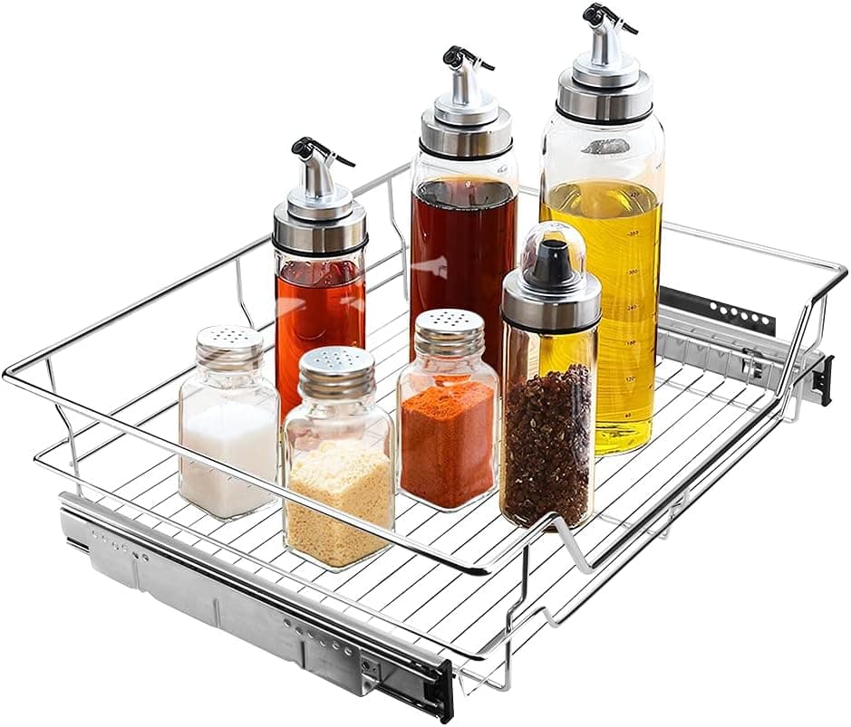 Ejoyous Pull Out Cabinet Shelf, Sliding Under Cabinet Organizer Chrome Wire Cabinet Drawers Storage Basket for Kitchen Bathroom Cabinets Cupboards Cabinet Width Middle Side Install