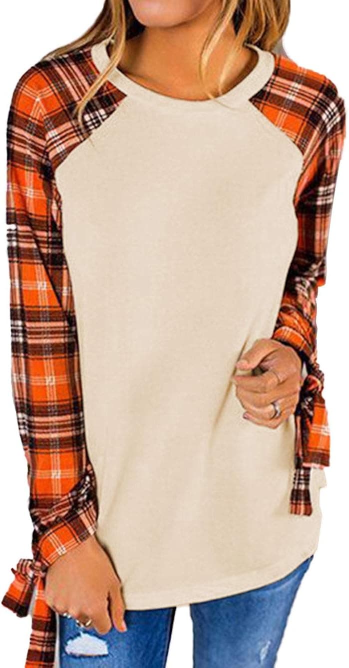 Famulily Women's Casual Raglan Tie Sleeve Plaid Print T Shirt Tops