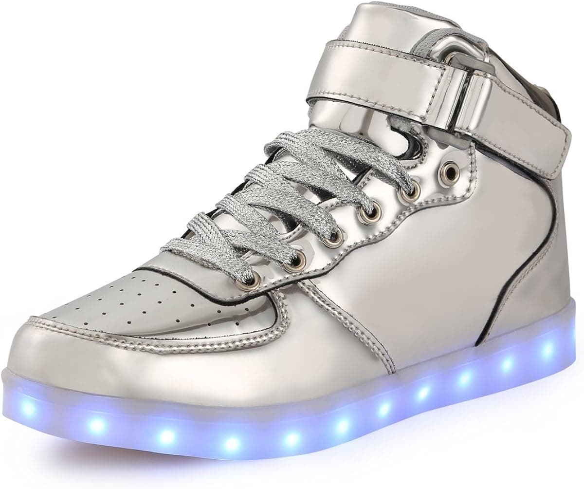 TUTUYU Kids 11 Colors LED Shoes High Top Fashion Sneakers For Halloween Silver 37