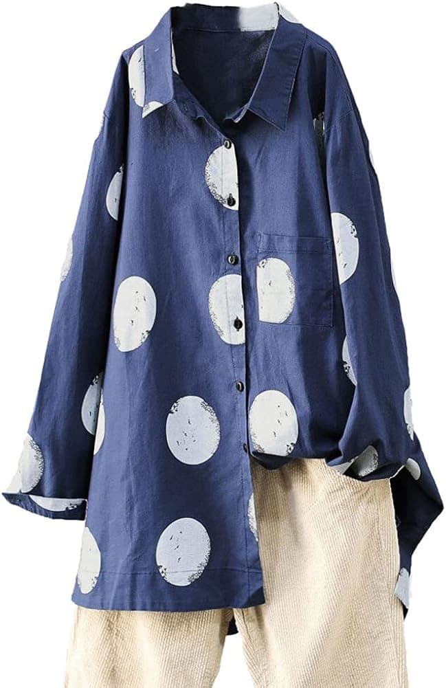 Minibee Women's Button Down Tunic Tops Polka Blouse Cotton Shirt