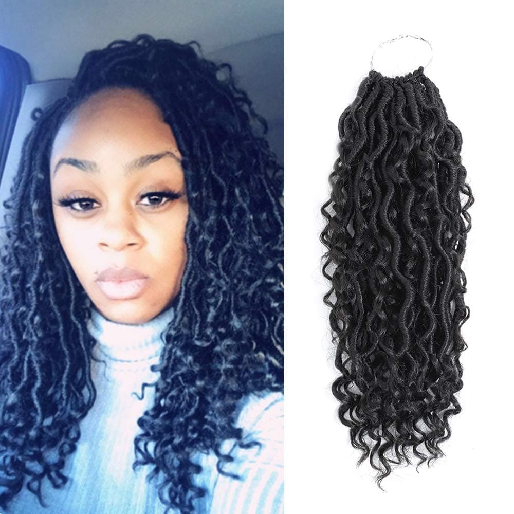 6 Packs 14 Inch River Goddess Locs Crochet Hair Wavy With Curly Ends Pre-loop Synthetic Crochet Braids Twist Braiding Goddess Faux Locs Hair Extensions (1B#)