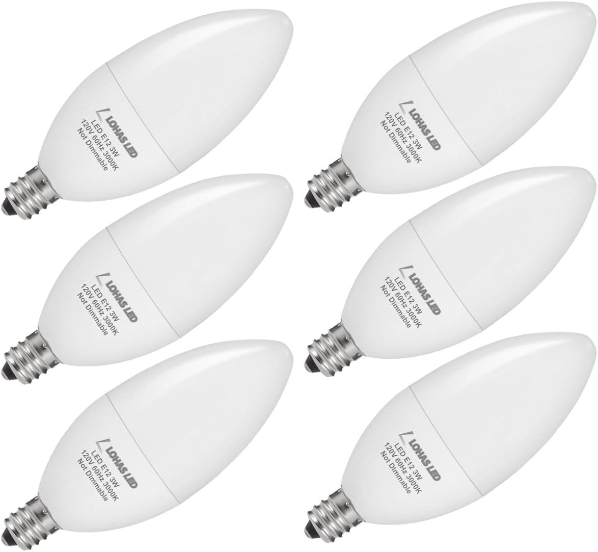 LOHAS E12 Candelabra LED Bulbs Chandelier Light Bulbs, 3 Watt LED Light 25W Equivalent, 3000K Soft White, Decorative Candle Base Bulb, 250LM for Home Lighting Ceiling Fans Lights Non-Dimmable, 6 Pack