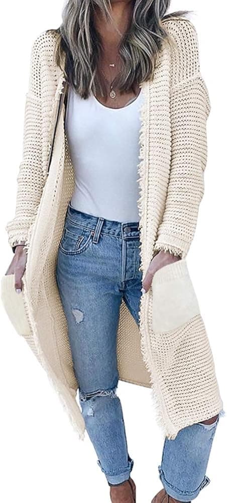 GUYUEQIQIN Women's Casual Cardigan Sweaters Cozy Open Front Long Sleeve Knit Coat with Pockets(L,Beige)