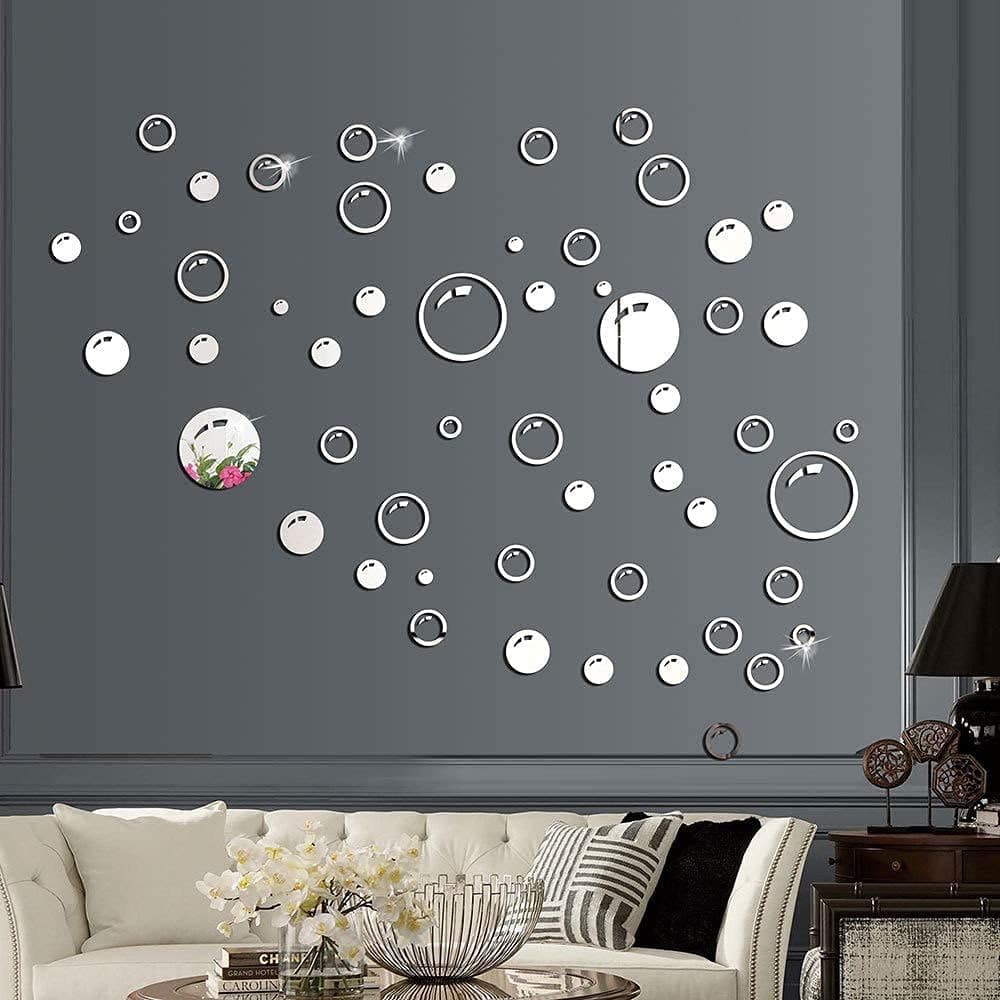 Gusuhome Bubbles Wall Decals 3D Silver Mirror Wall Stickers Set Removable Acrylic Smiling Face Wall Decals Plastic & Murals for Bathroom Bedroom Living Room Decor