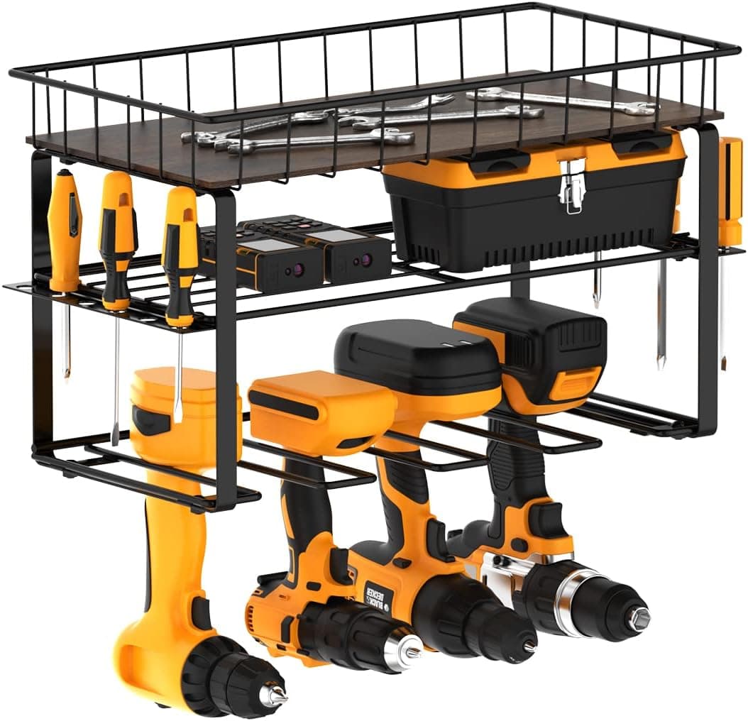 HOYRR Power Tool Organizer, Drill Holder Wall Mount, Garage Tool Organizers With 5 Drill Holders, Heavy Duty Tool Shelf With Basket, Perfect Tool Organizer Gift for Father