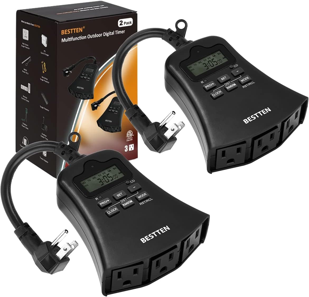 [2 Pack] BESTTEN 7 Day Outdoor Digital Programmable Timer with Clock and Push Button, Countdown Timer with 3 Grounded Outlets, Black, ETL Listed