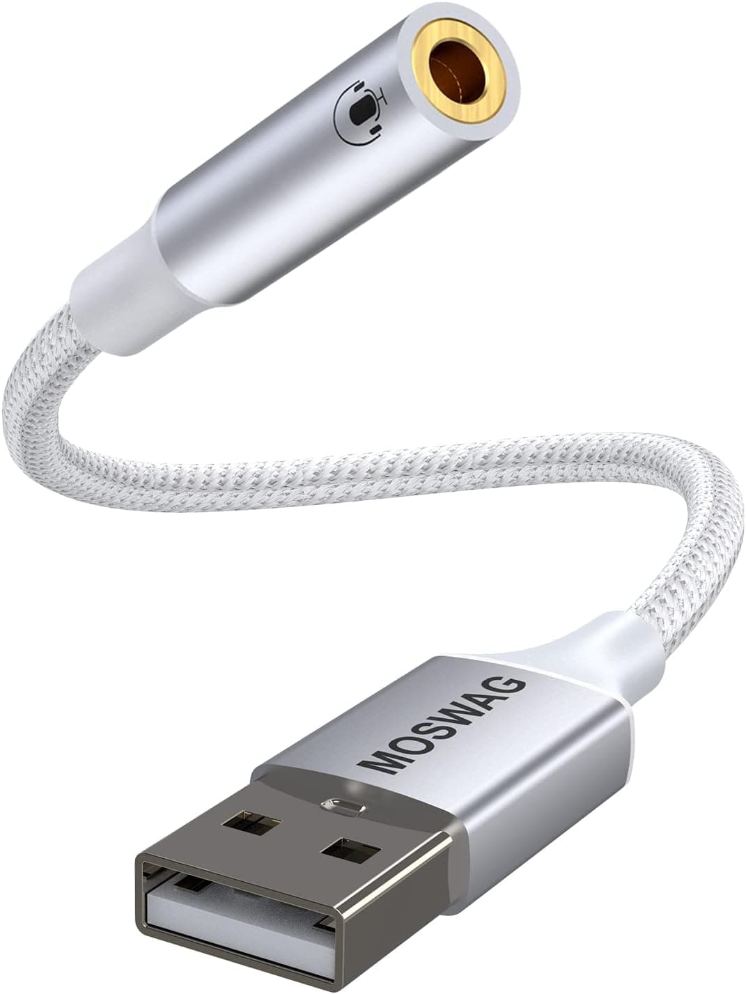MOSWAG USB to 3.5mm Jack Audio Adapter,USB to Aux Cable with TRRS 4-Pole Mic-Supported USB to Headphone AUX Adapter External Sound Card for PC PS4 PS5 and More (0.65Feet/20cm, White)