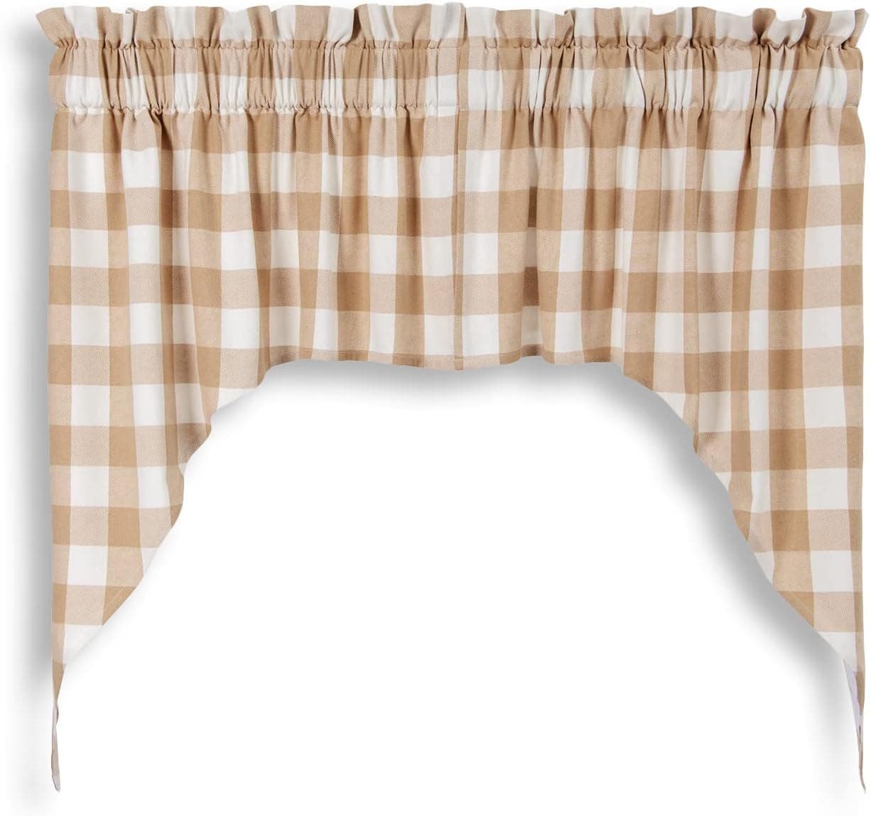 Cackleberry Home Tan and Cream Buffalo Check Woven Cotton Swag Curtains 36 Inches W x 38 Inches L