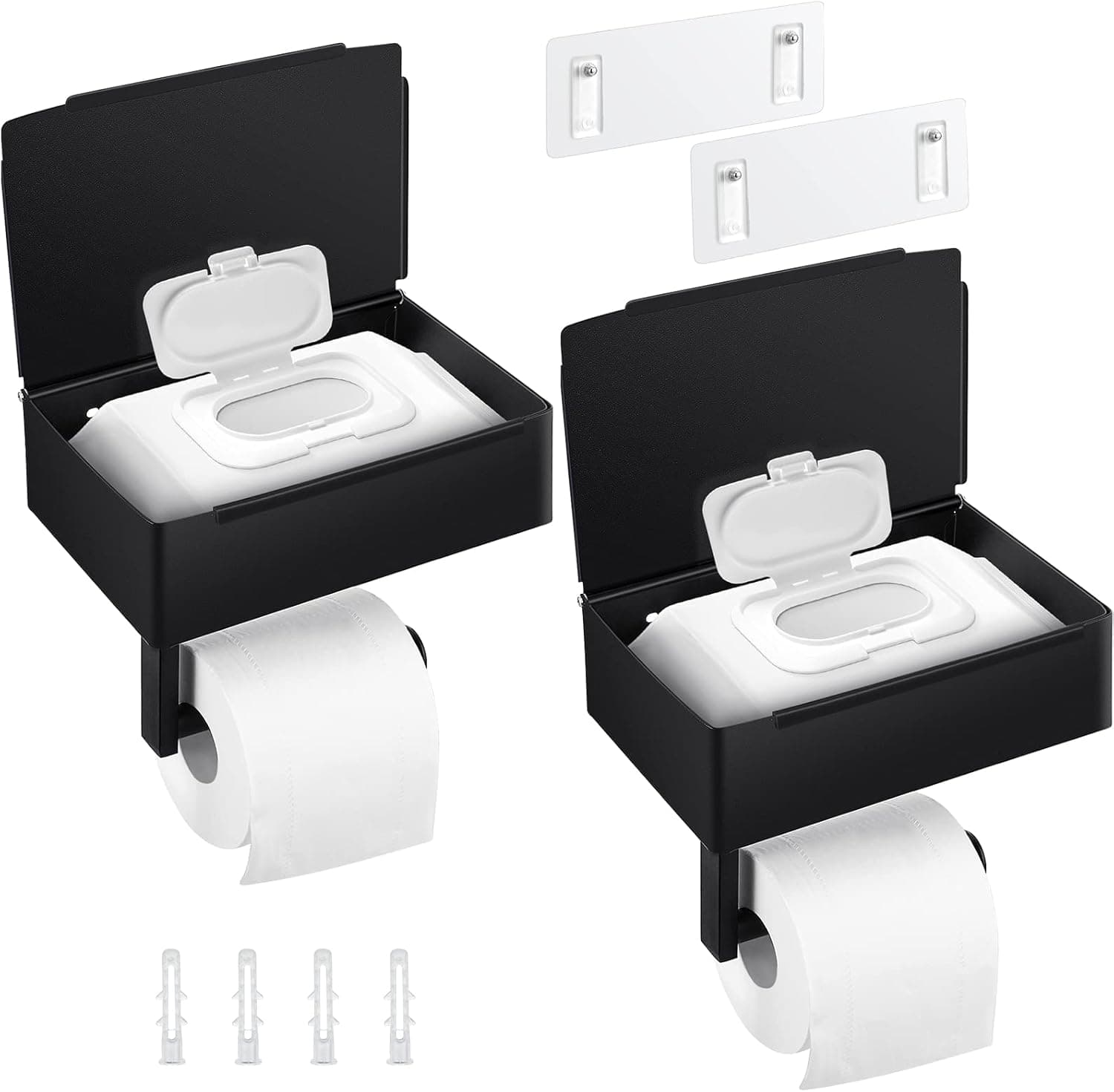 2 Pack Toilet Paper Holder with Storage and Shelf Matte Black Toilet Paper Holder with Storage, Flushable Wipes Dispenser for Bathroom Stainless Steel Toilet Paper Roll Holder Wall Mount